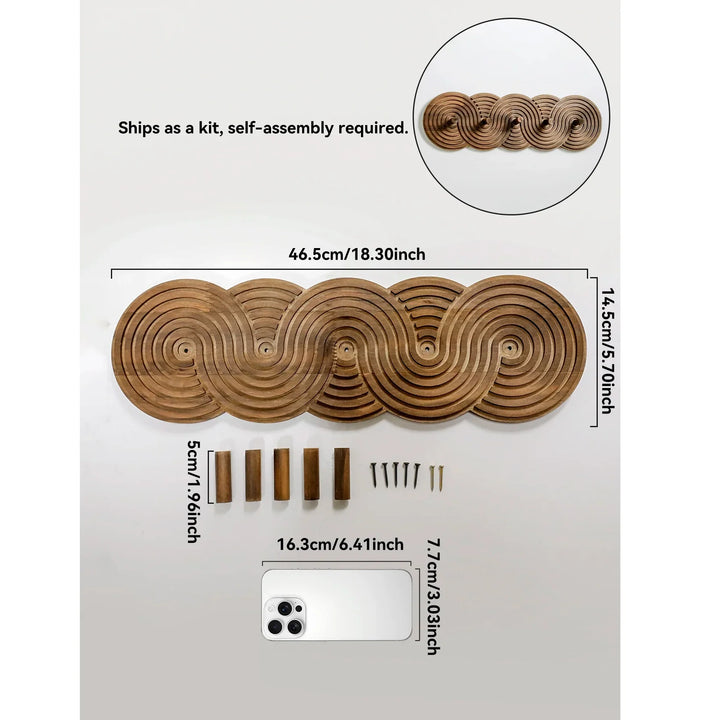 Rovelli wooden spiral wall decor kit with assembly parts and measurements displayed.