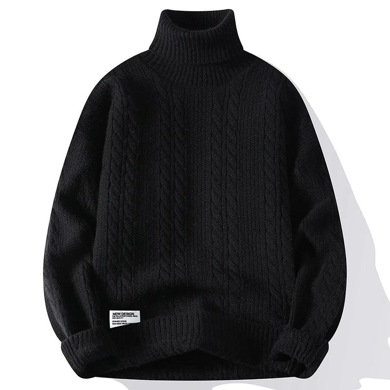 Rovelli black cable knit turtleneck sweater, ribbed cuffs and hem, winter fashion.