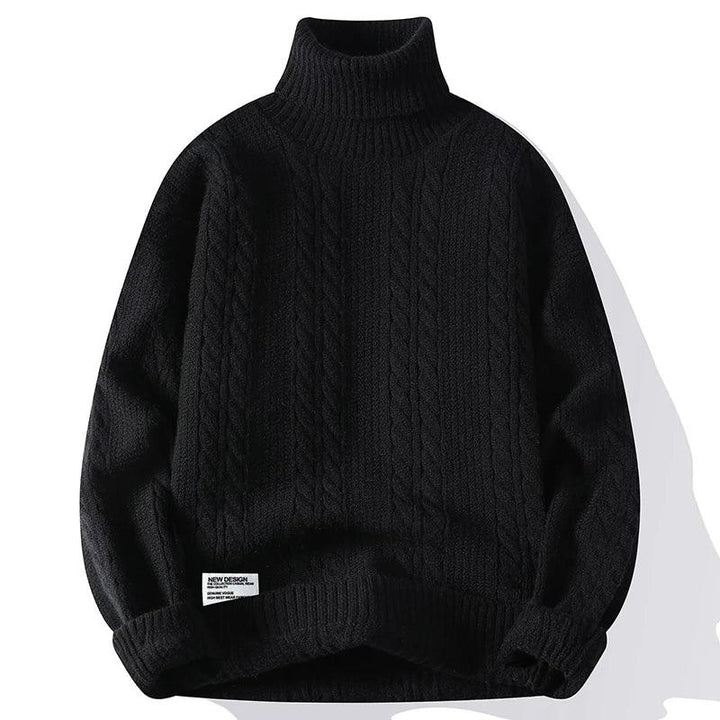 Rovelli black cable knit turtleneck sweater, ribbed cuffs and hem, winter fashion.