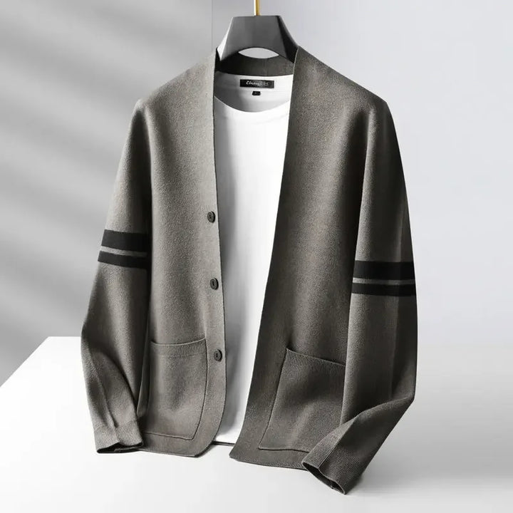 Rovelli gray cardigan with black stripes, white shirt underneath, on hanger