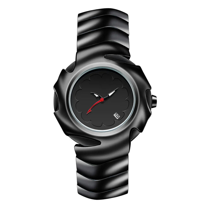 A modern black stainless steel watch with a wavy band and scalloped-edge case. The dial is black with white hour and minute hands, a red second hand, and a small date window at 5 o’clock. Scratch-resistant and water-resistant design.