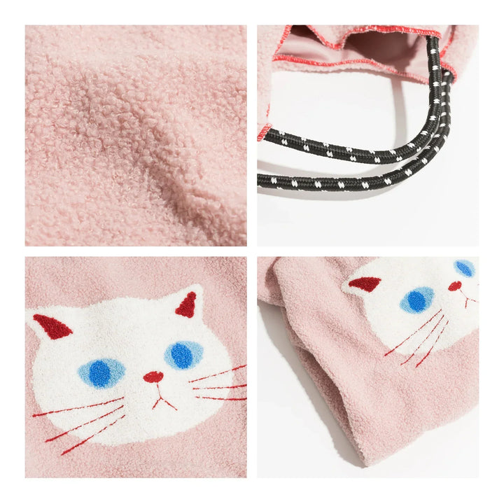 A collage of four images shows a pink animal pattern tote with a white cat face design, black and white rope handles, and close-up details of the lamb like fabric and cat embroidery.