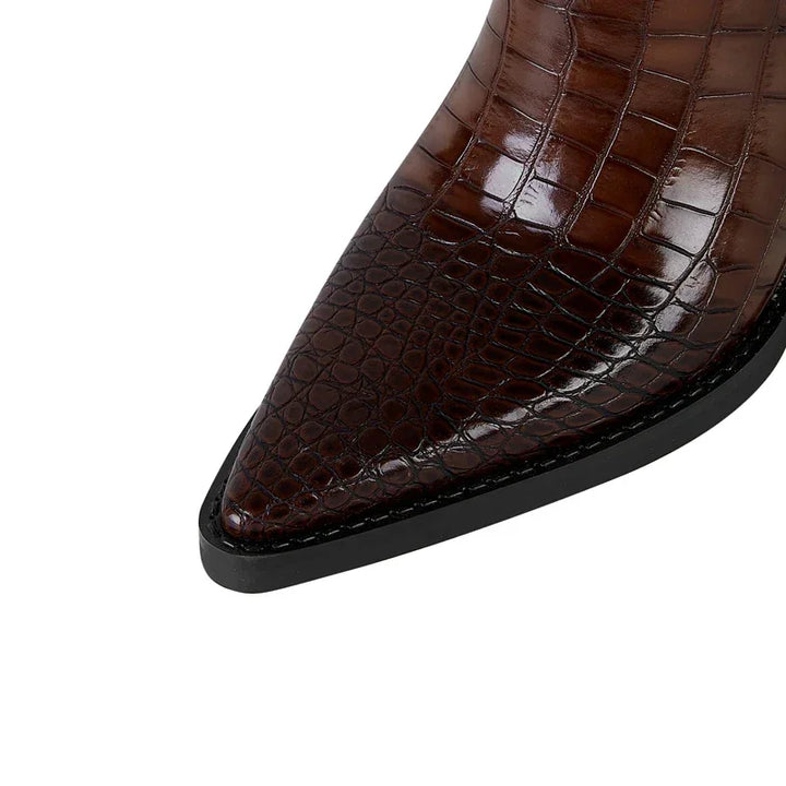 Rovelli brown crocodile-embossed pointed leather shoe closeup