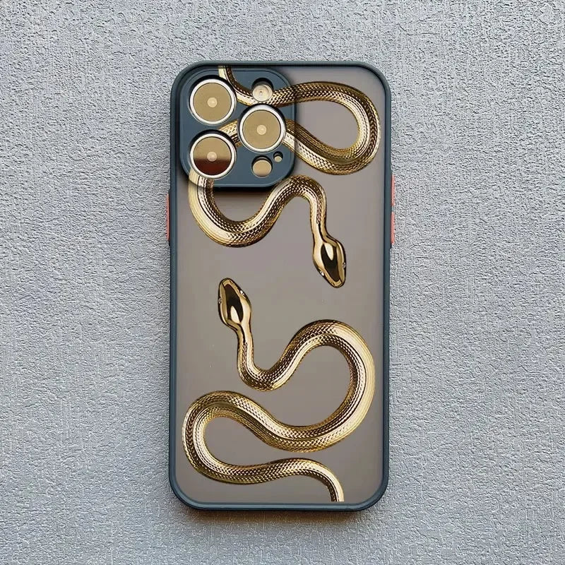 Rovelli phone case with gold snake design on textured grey background