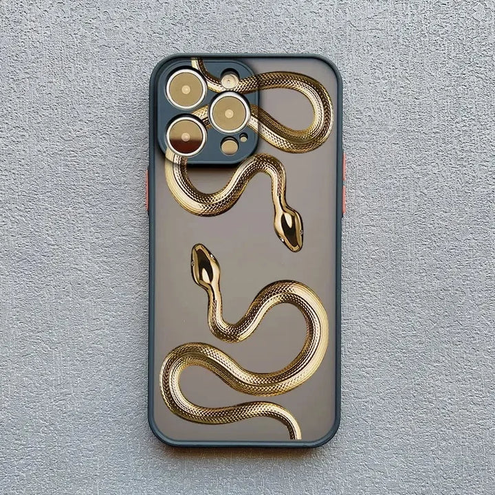 Rovelli phone case with gold snake design on textured grey background