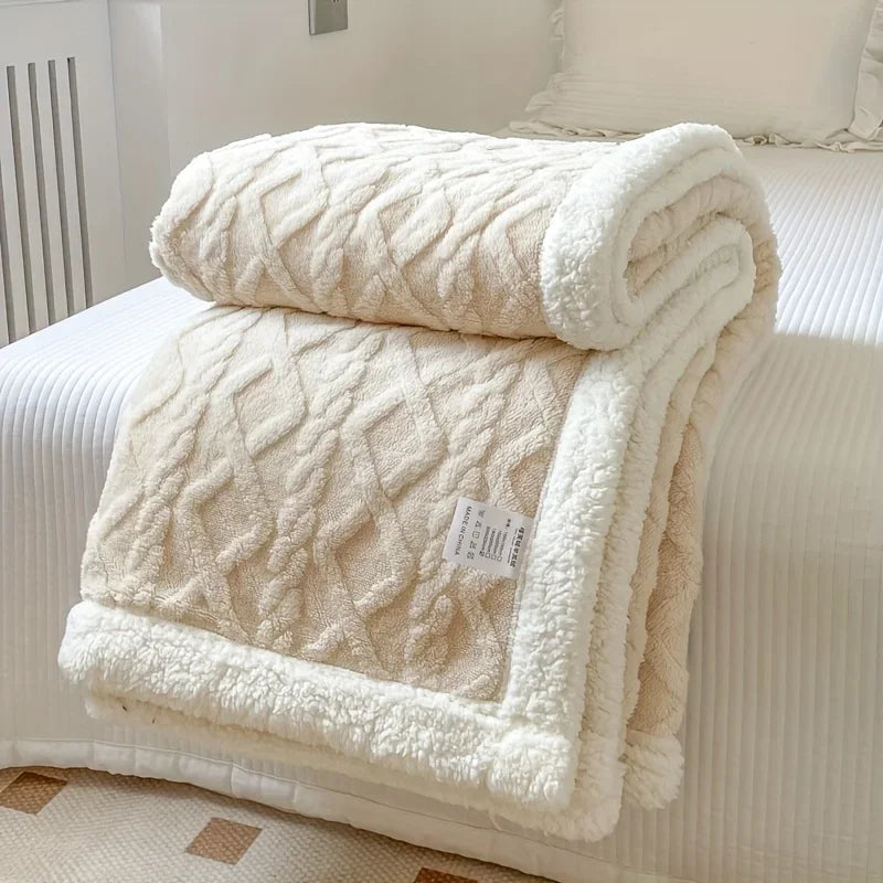 Rovelli cream textured sherpa throw blanket folded on a white bed, cozy home decor