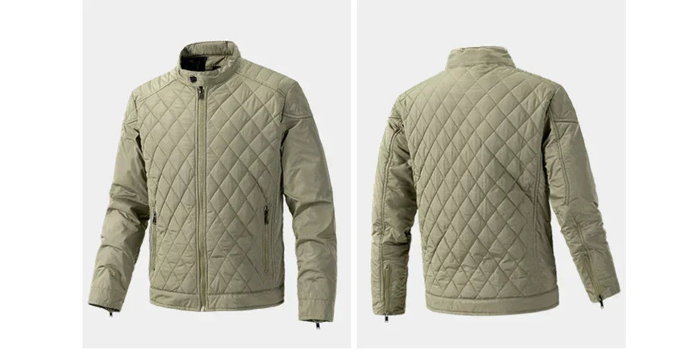 A light khaki slim-fit jacket is shown from the front and back. The quilted jacket features cotton insulation, a stand-up collar, zip-up front, zippered pockets, and a diamond stitch pattern throughout.