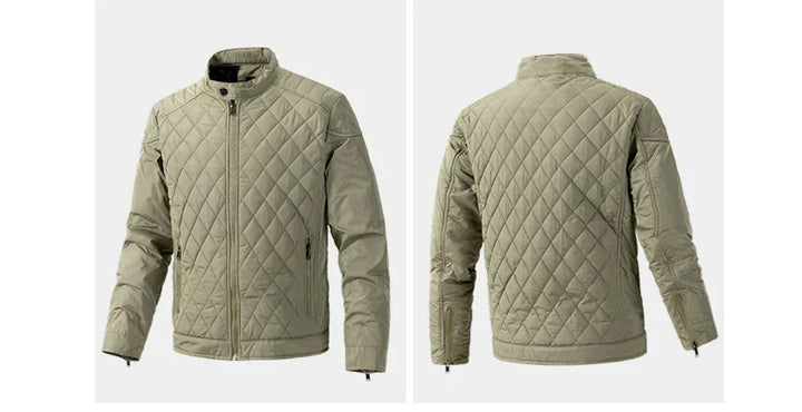 A light khaki slim-fit jacket is shown from the front and back. The quilted jacket features cotton insulation, a stand-up collar, zip-up front, zippered pockets, and a diamond stitch pattern throughout.