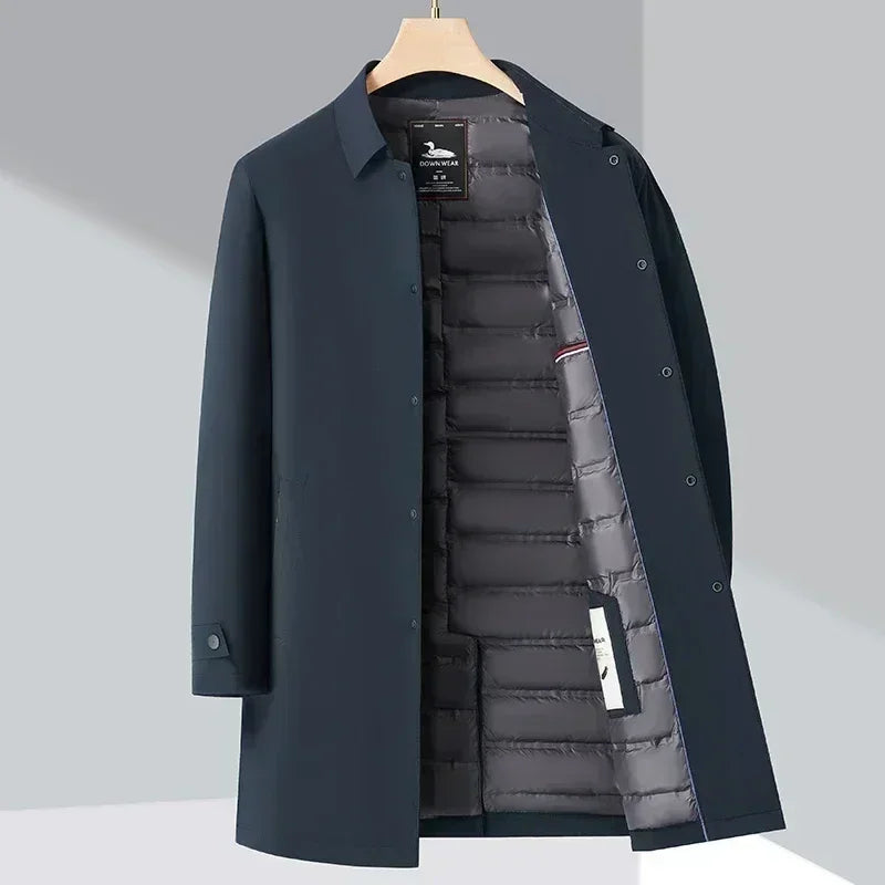 Rovelli men's navy blue padded jacket on hanger, open to show quilted lining