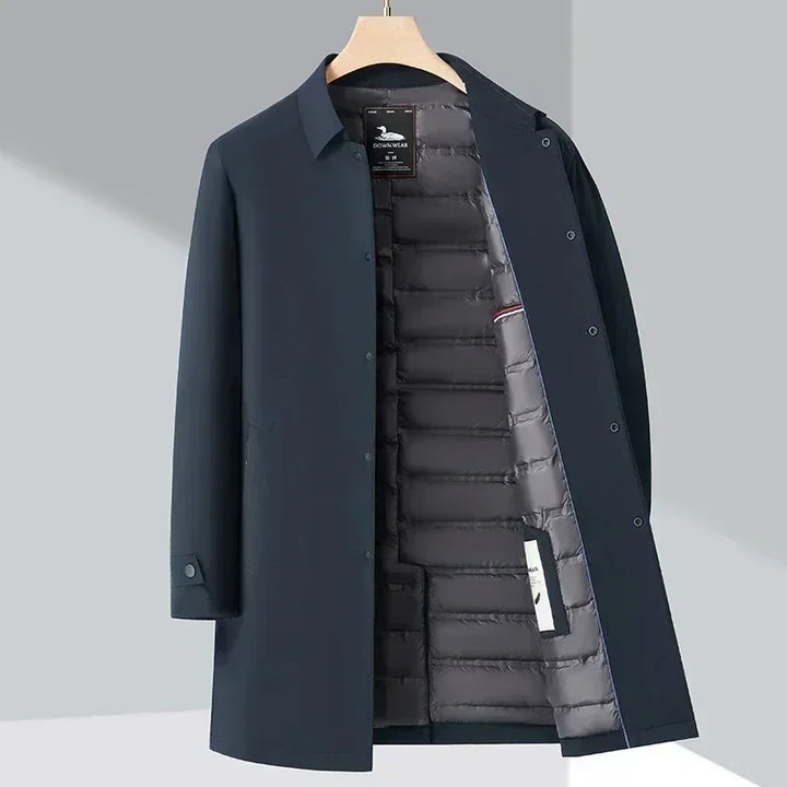 Rovelli men's navy blue padded jacket on hanger, open to show quilted lining