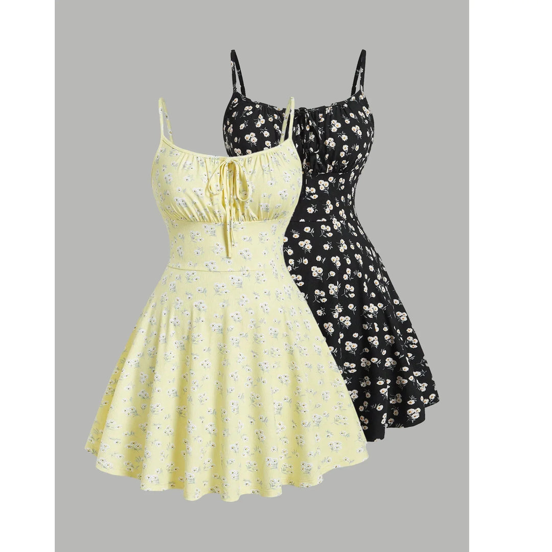 Rovelli floral print summer dresses in yellow and black with spaghetti straps