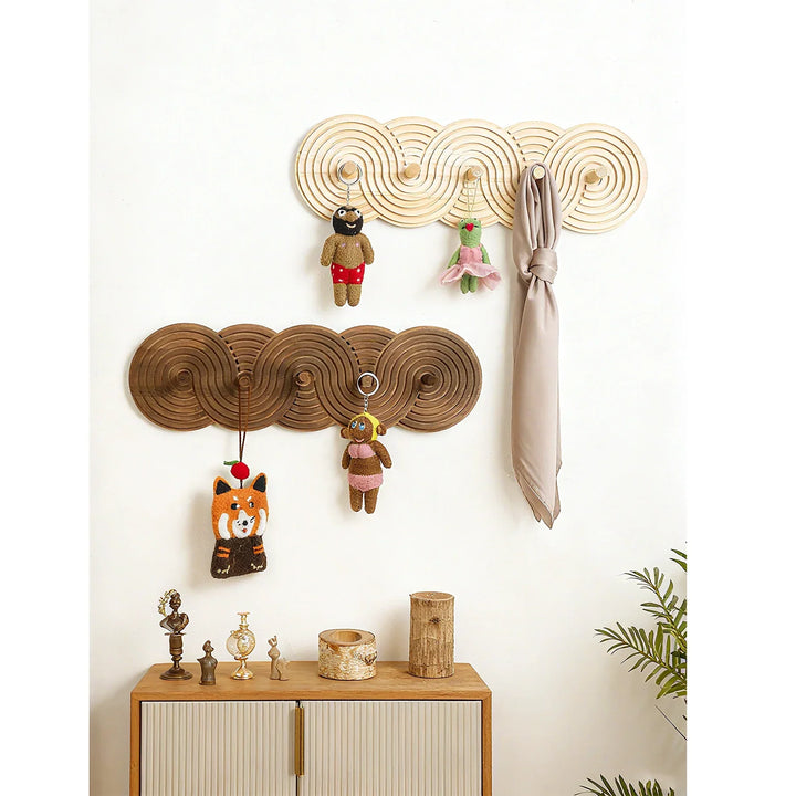 Rovelli modern wooden wall hooks with plush toys and scarf, decorative entryway storage