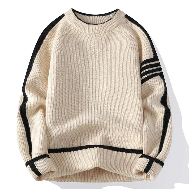 Rovelli cream knit sweater with black stripes on sleeves and trim, casual fashion top