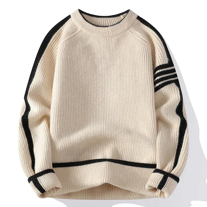 Rovelli cream knit sweater with black stripes on sleeves and trim, casual fashion top