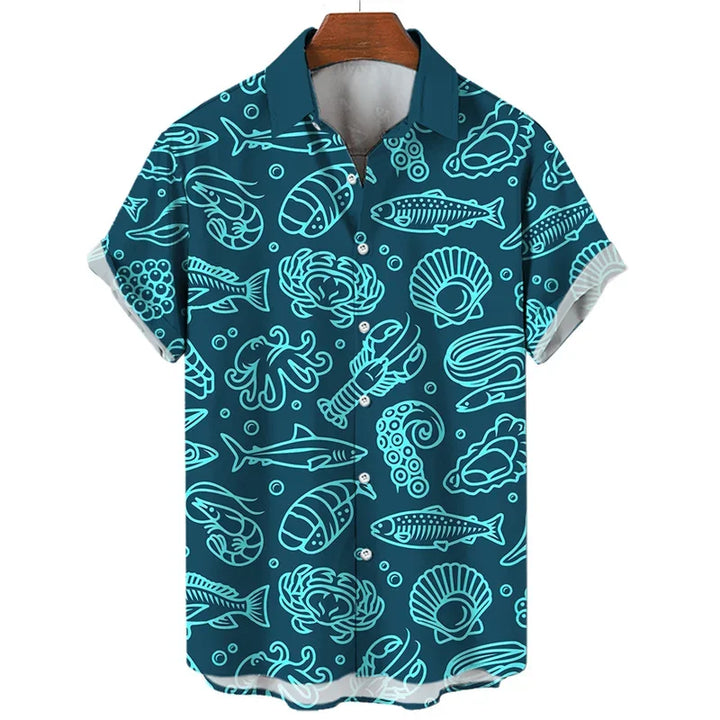 Summer-ready short-sleeve button-up shirt with a teal seafood pattern, featuring outlines of fish, crabs, octopuses, shrimp, and shells on a dark blue background.