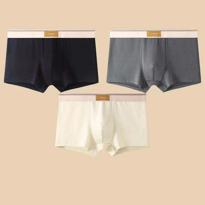 Rovelli cotton men's boxer briefs in black, gray, and cream on beige background