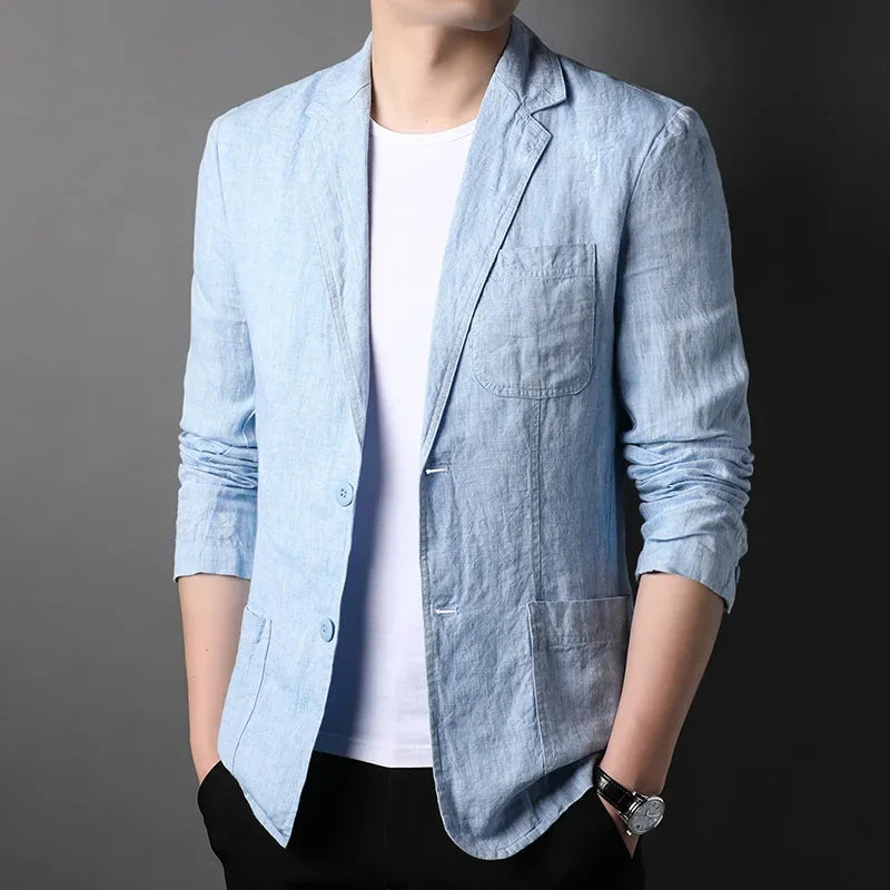 Rovelli light blue linen blazer with white shirt, casual men's fashion style