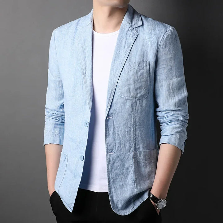 Rovelli light blue linen blazer with white shirt, casual men's fashion style