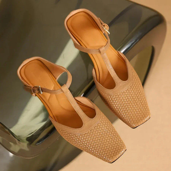 Rovelli woven tan leather slingback shoes with T-strap and square toe on glossy surface