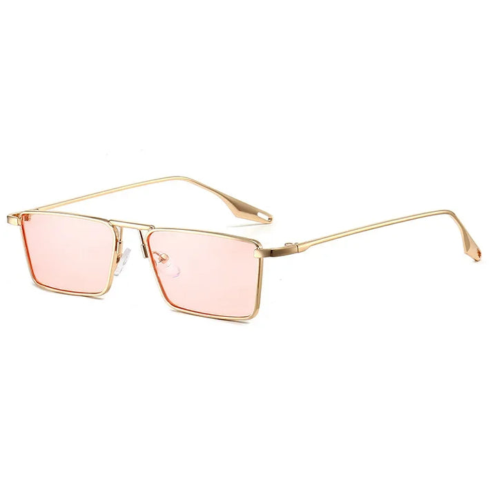 Avalon Sunglasses feature gold frames and rectangular lenses with a modern, minimalist design. The thin arms and pink-tinted lenses add a stylish touch, shown angled slightly to the right on a white background.