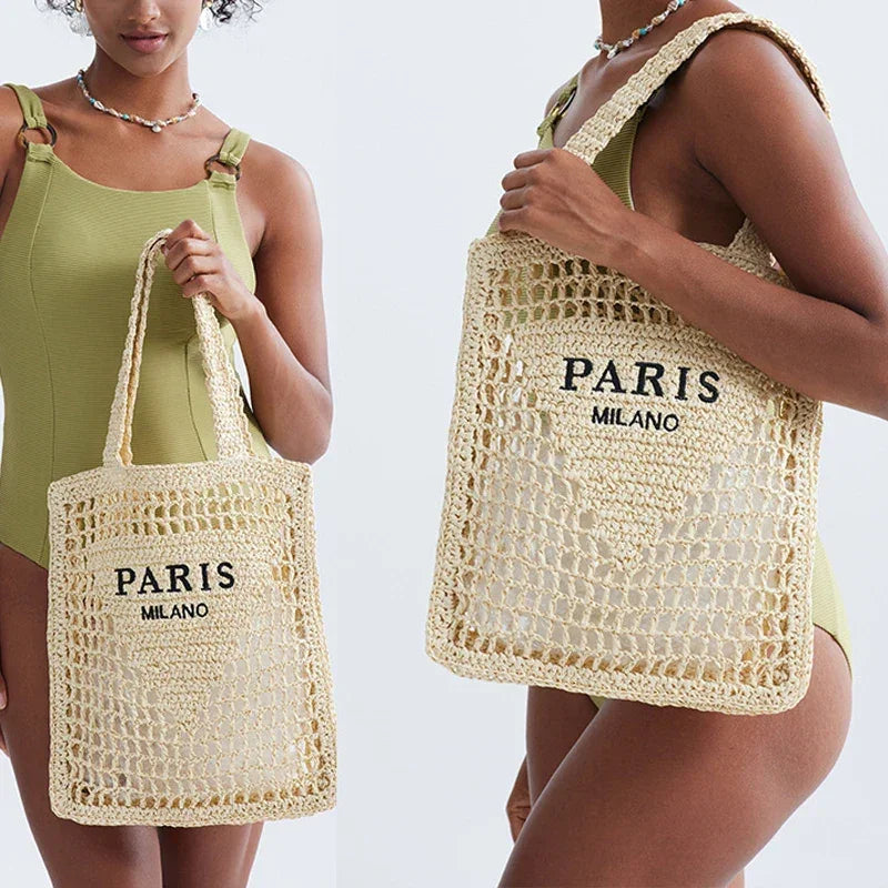 Woman in green swimsuit holding Rovelli Paris Milano crochet tote bag