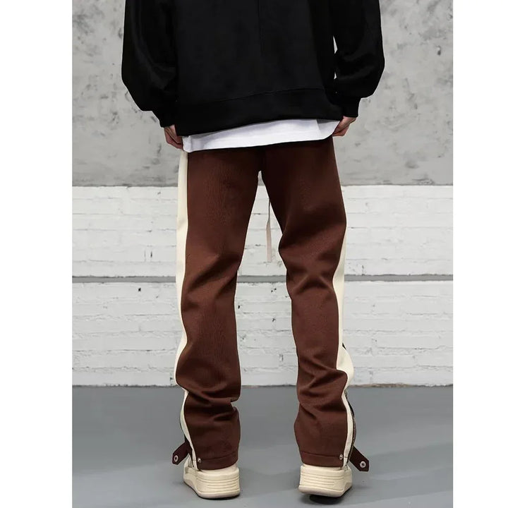 Rovelli brown and cream colorblock pants with zipper detail, streetwear fashion back view