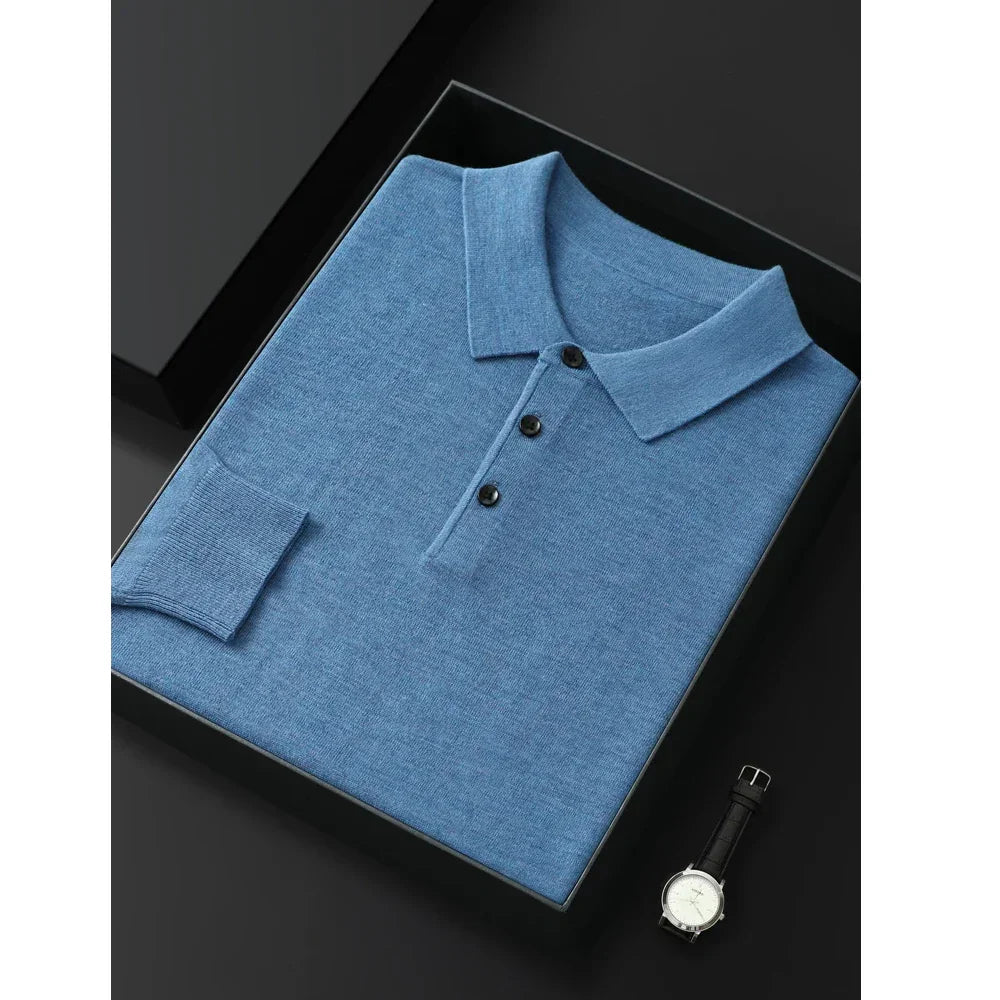 Rovelli folded blue polo shirt with black buttons and a wristwatch on sleek black background
