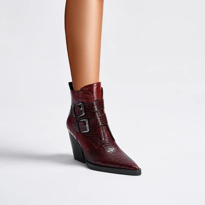 Rovelli burgundy crocodile pattern ankle boot with pointed toe and double buckle