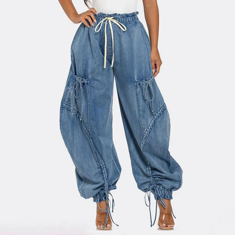 Wide leg denim cargo pants with drawstring waist and ruched details by Rovelli