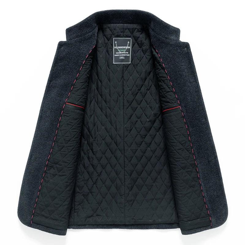 Rovelli dark wool coat with quilted black lining and red stitching, open view