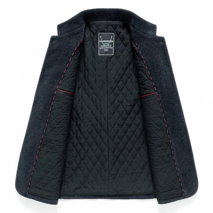 Rovelli dark wool coat with quilted black lining and red stitching, open view