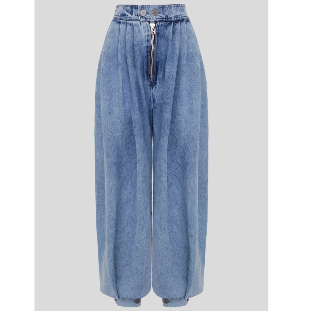 Rovelli wide-leg high-waisted light blue denim jeans with front zipper and pleats