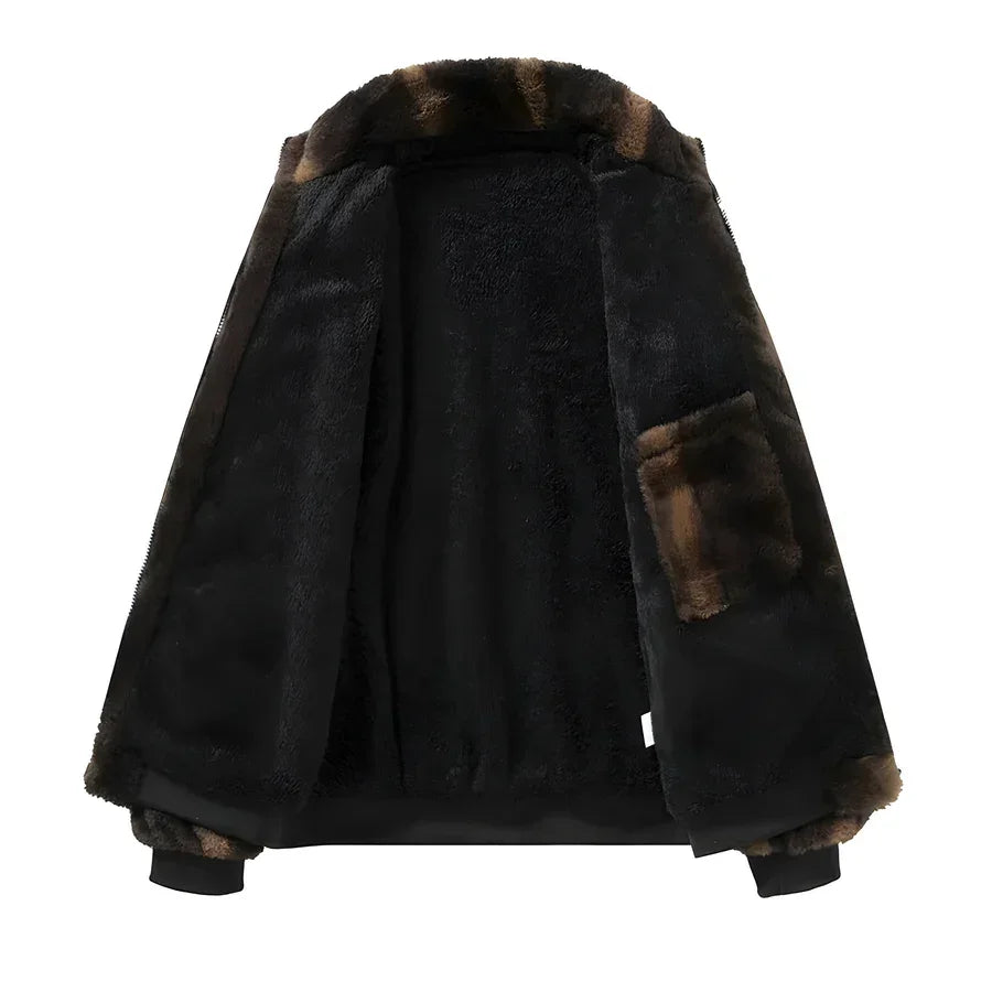 Rovelli black faux fur jacket with brown accents displayed open
