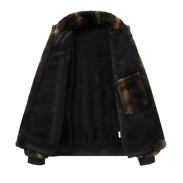 Rovelli black faux fur jacket with brown accents displayed open