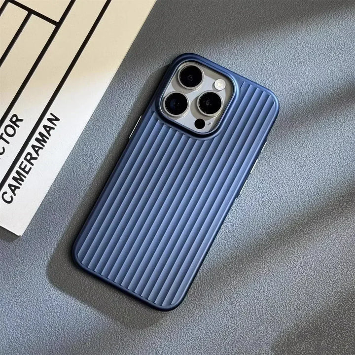 Blue ribbed iPhone case on textured surface, Rovelli phone accessories