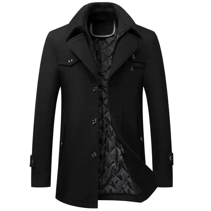 Rovelli black wool coat with quilted lining, button closure, and chest pockets