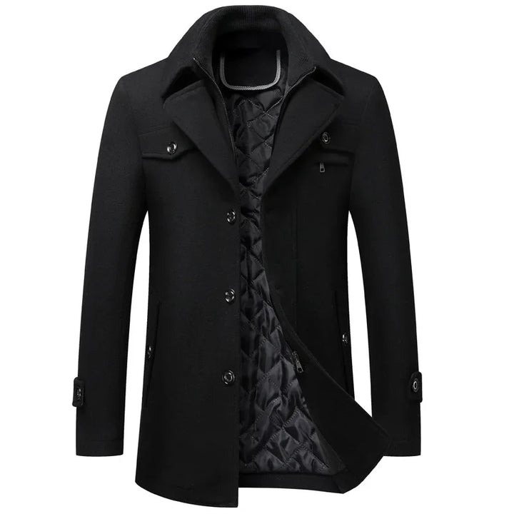 Rovelli black wool coat with quilted lining, button closure, and chest pockets