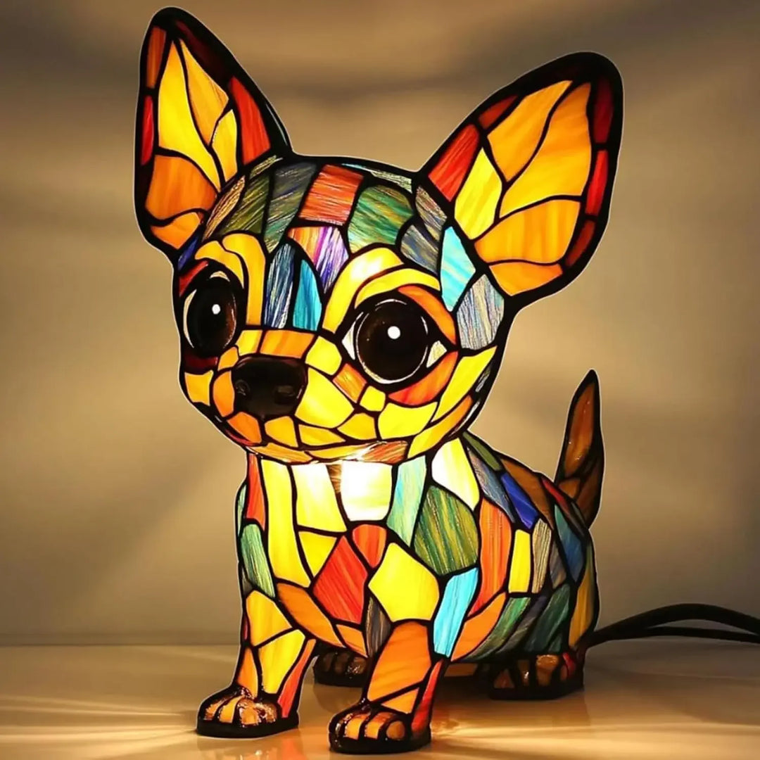 Colorful stained glass dog lamp with mosaic pattern, Rovelli home decor lighting.