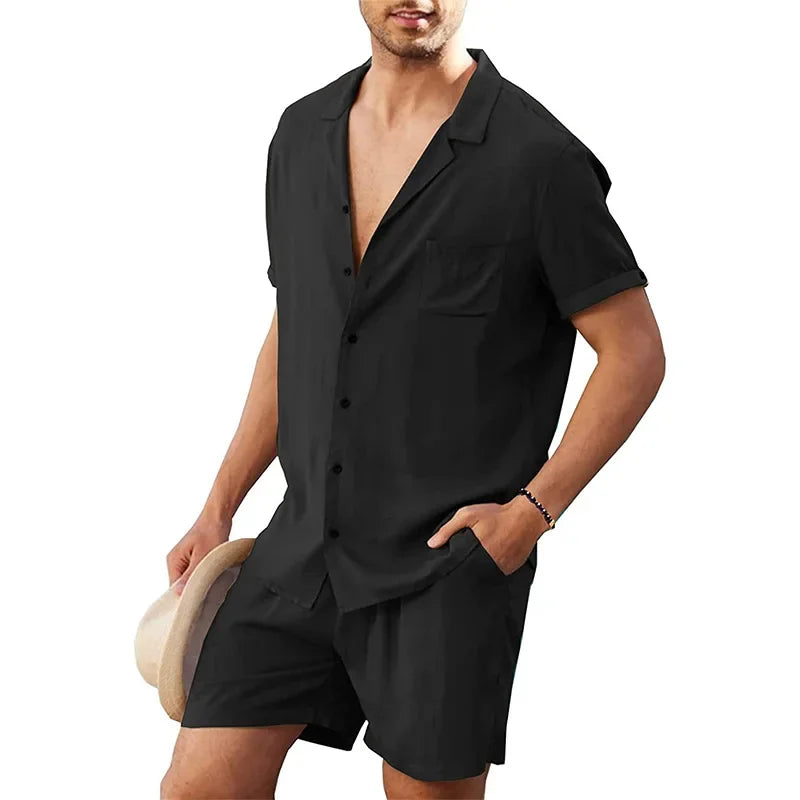 Man wearing black short sleeve shirt and shorts set, Rovelli summer menswear