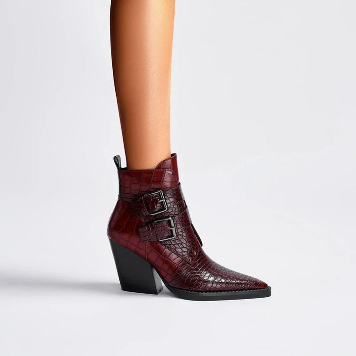 Rovelli burgundy crocodile-texture ankle boot with block heel and double buckle detail