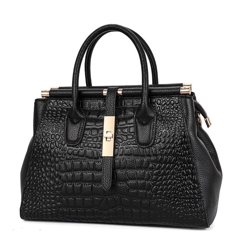 Rovelli black crocodile-embossed leather handbag with gold hardware