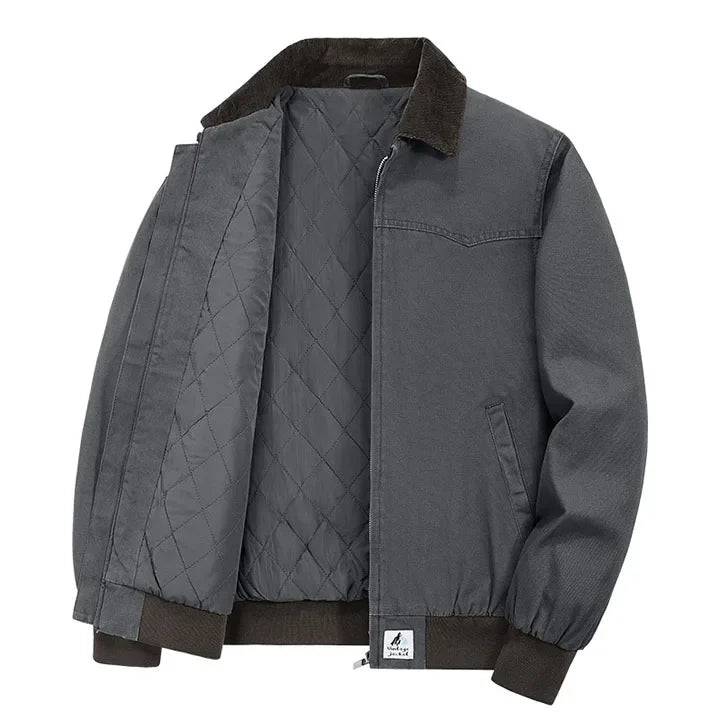 Rovelli gray quilted bomber jacket with brown collar and cuffs, open front view