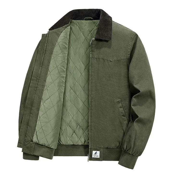 Rovelli olive green quilted jacket with black collar and front zipper, casual outerwear