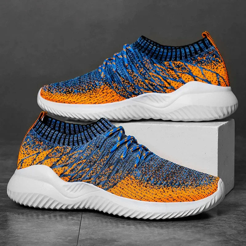 Rovelli blue and orange knit sneakers with white soles on display