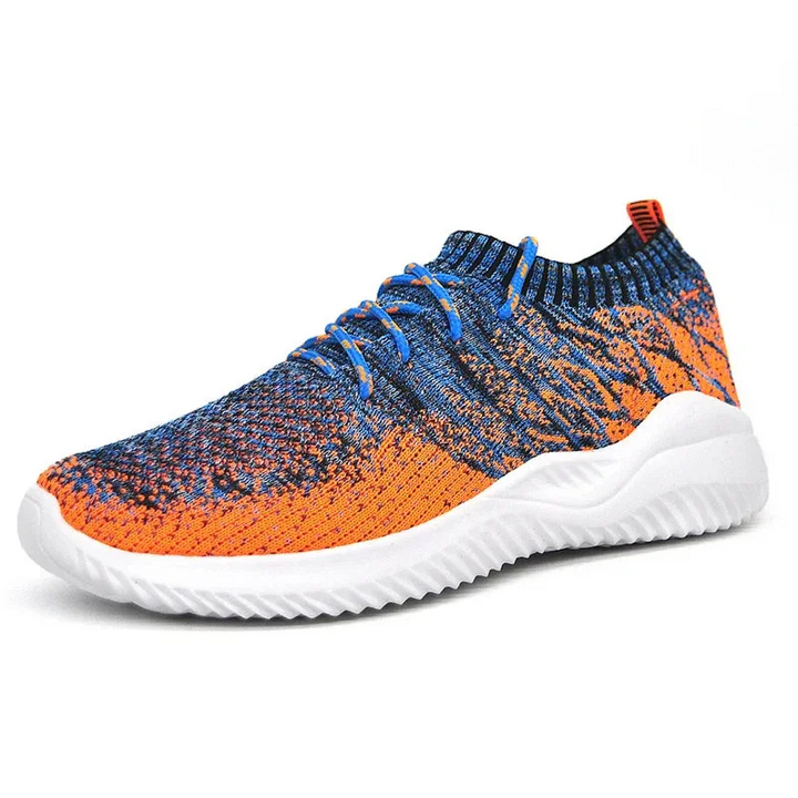 Rovelli orange and blue knit sneaker with white sole on white background