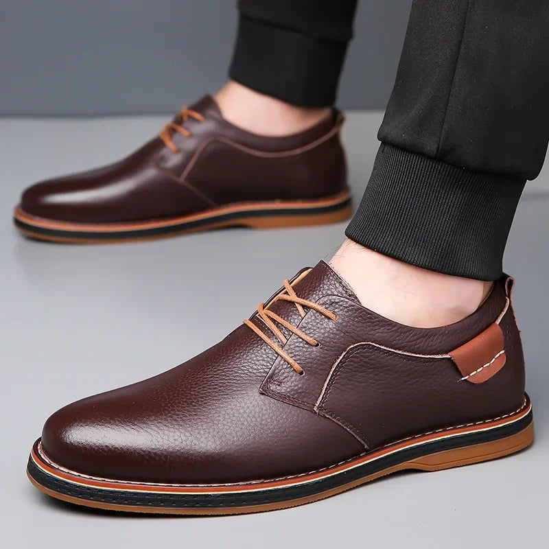 Rovelli men's brown leather dress shoes with tan laces and rubber soles