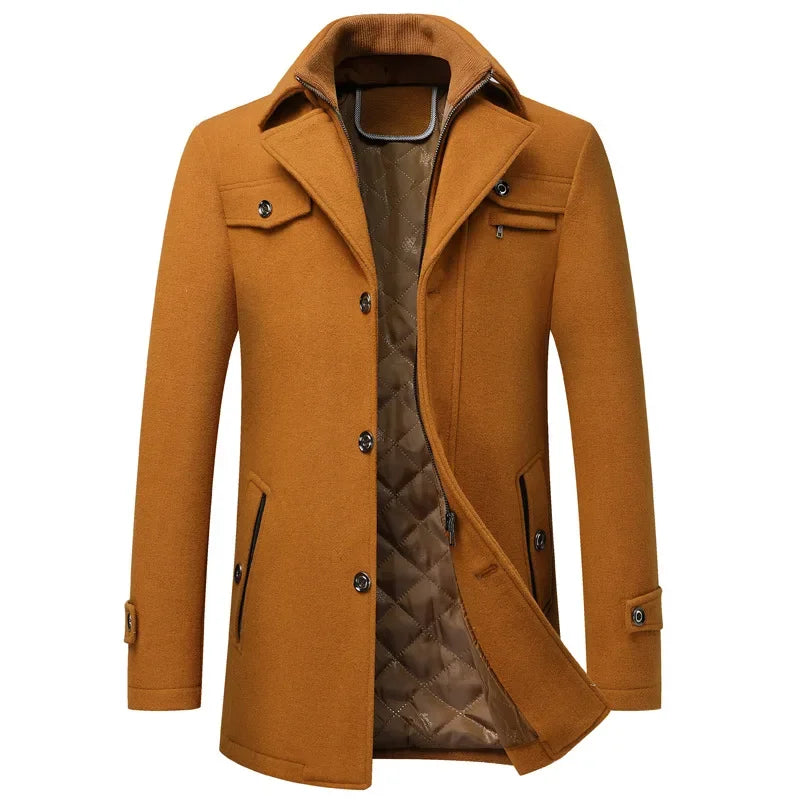 Rovelli men's camel wool coat with quilted lining and button front