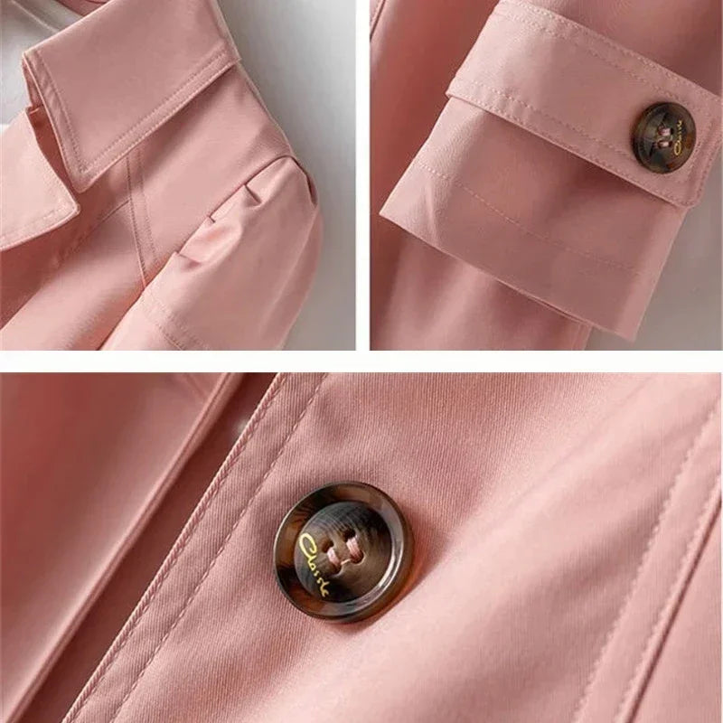 Rovelli pink trench coat details with collar, sleeve cuff, and button close-up