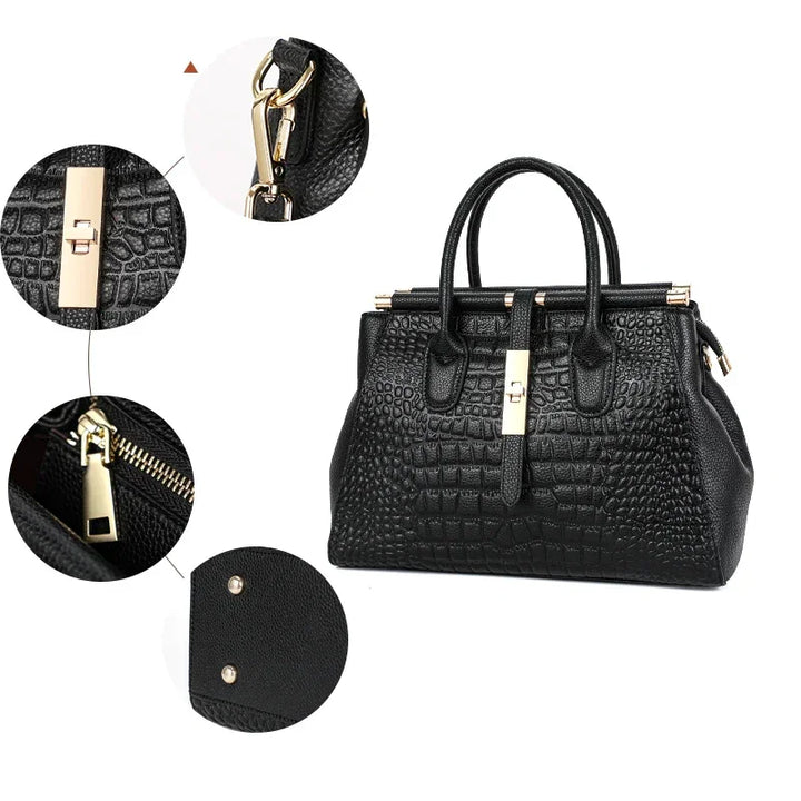 Rovelli black crocodile-pattern handbag with gold hardware and detailed close-up features