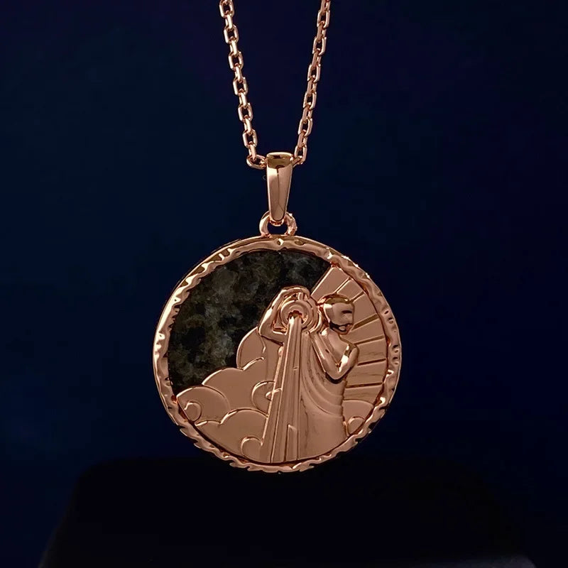 A gold zodiac necklace featuring a round medallion with an engraved figure holding a torch, surrounded by clouds and rays, set against a dark background—a timeless piece of astrology jewelry.